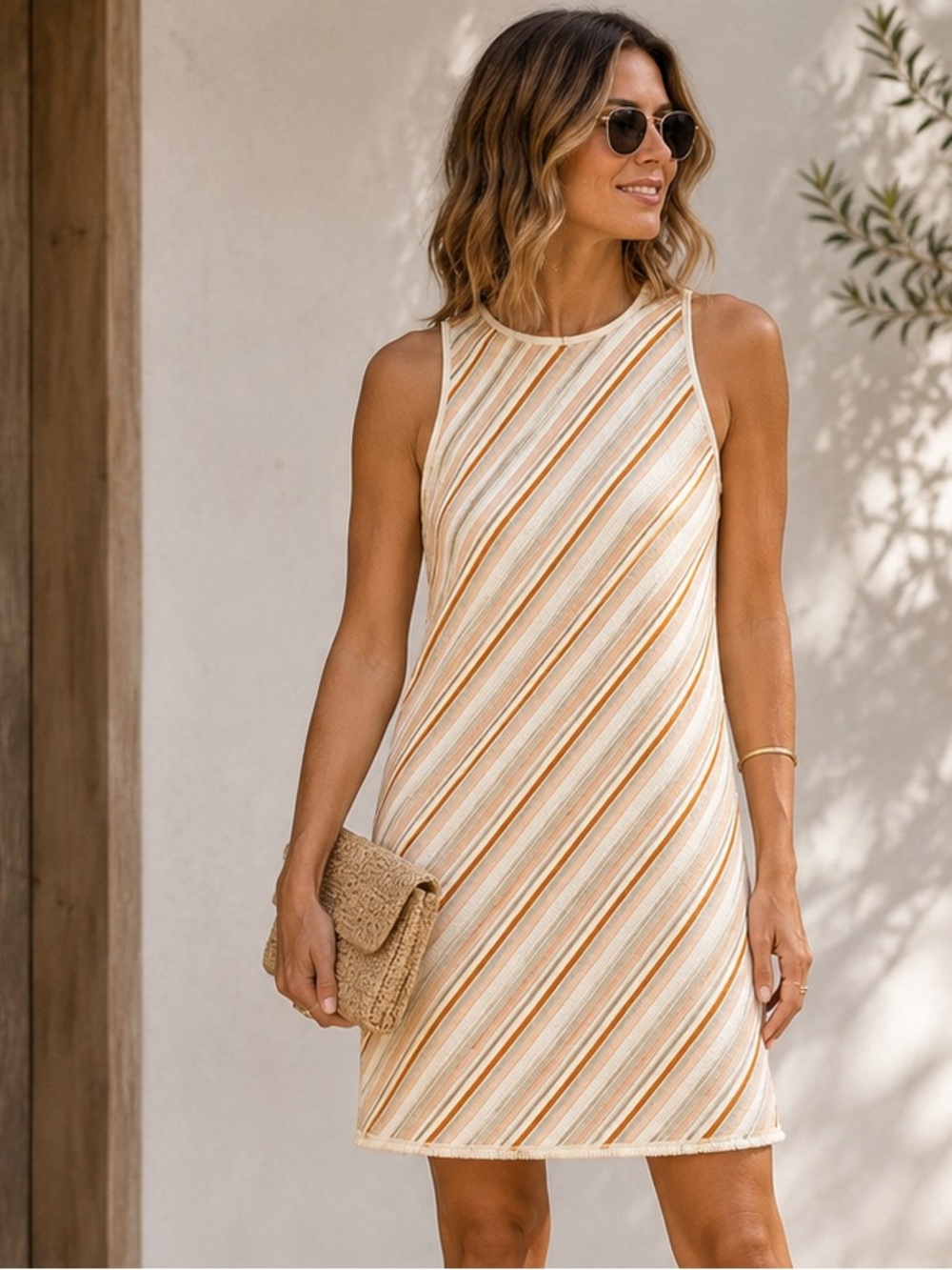 Mango Casual Striped Knit Sleeveless Dress Cream Peach Orange Size M